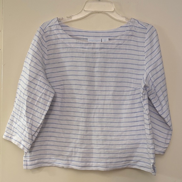 Martha Stewart Tops - Martha Stewart Blue and White Striped Cropped Relaxes Fit Linen 3/4 Sleeve Top,M